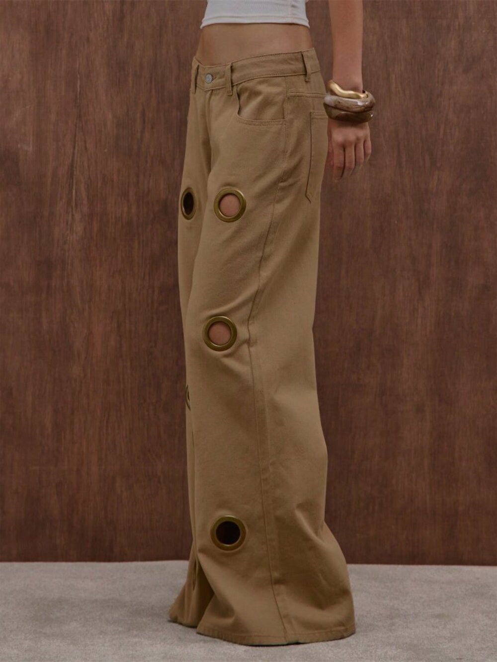 Khaki Casual Women's Denim Flared Jeans with Eyelet Studs - Picture 4 of 5